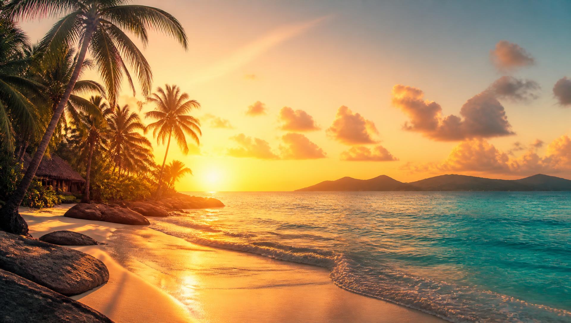 Palm trees and warm ocean light at sunset